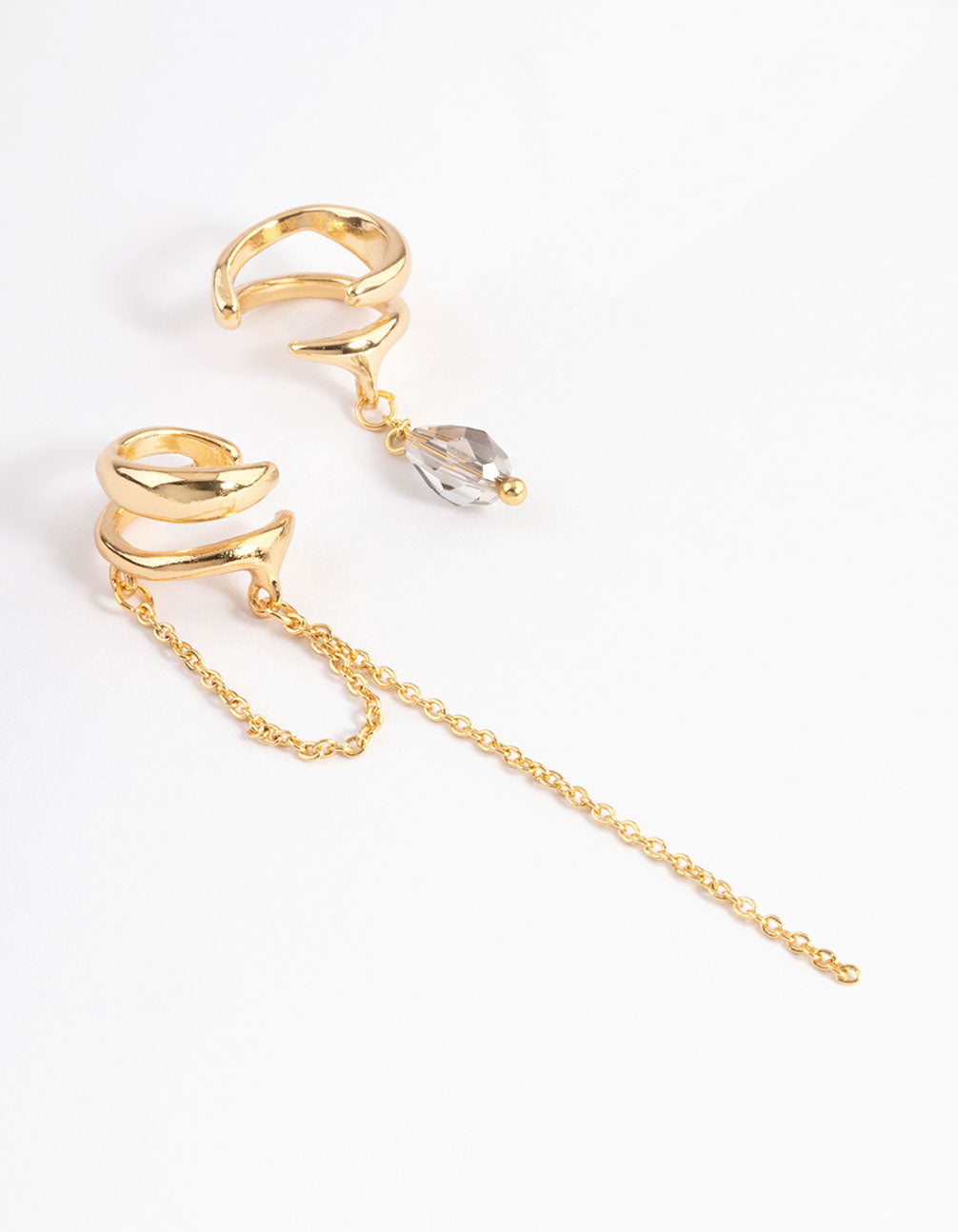Gold Plated Stone Chain Drop Double Cuff Earrings