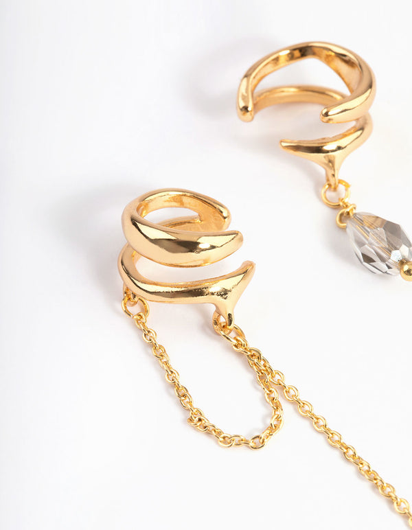 Gold Plated Stone Chain Drop Double Cuff Earrings