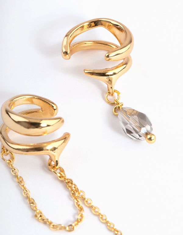 Gold Plated Stone Chain Drop Double Cuff Earrings