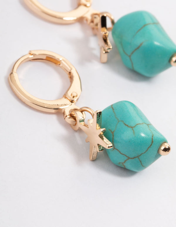 Gold Turquoise Star Huggie Earrings
