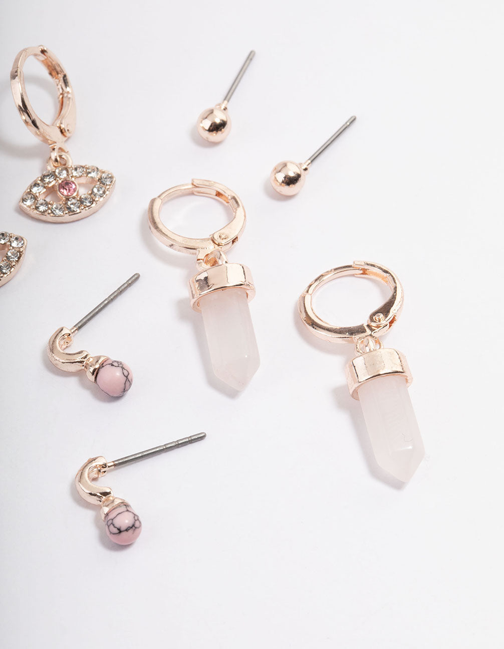 Rose Gold Rose Quartz Evil Eye Stack Earring Pack