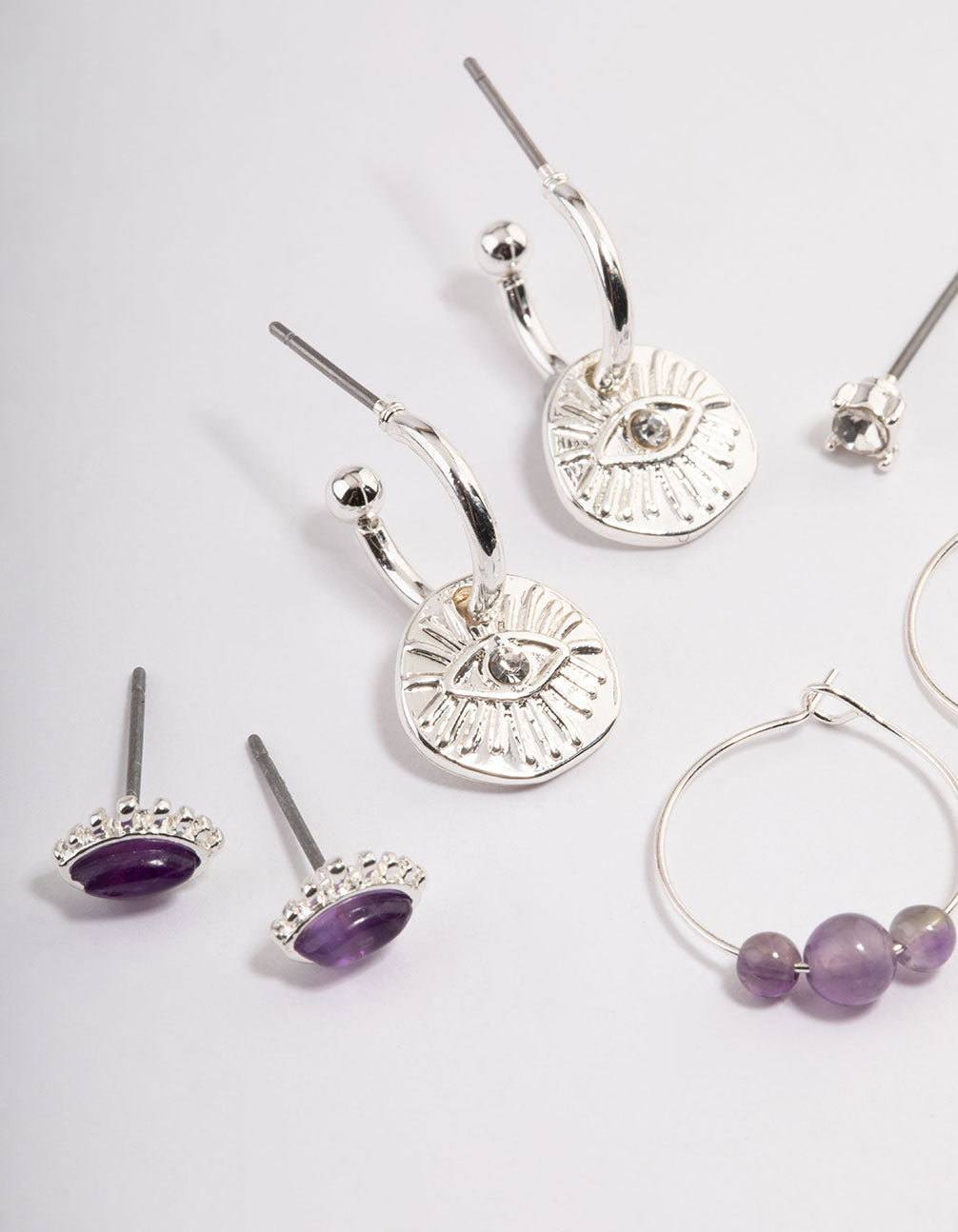 Silver Amethyst Evil Eye Diamante Earrings Stack