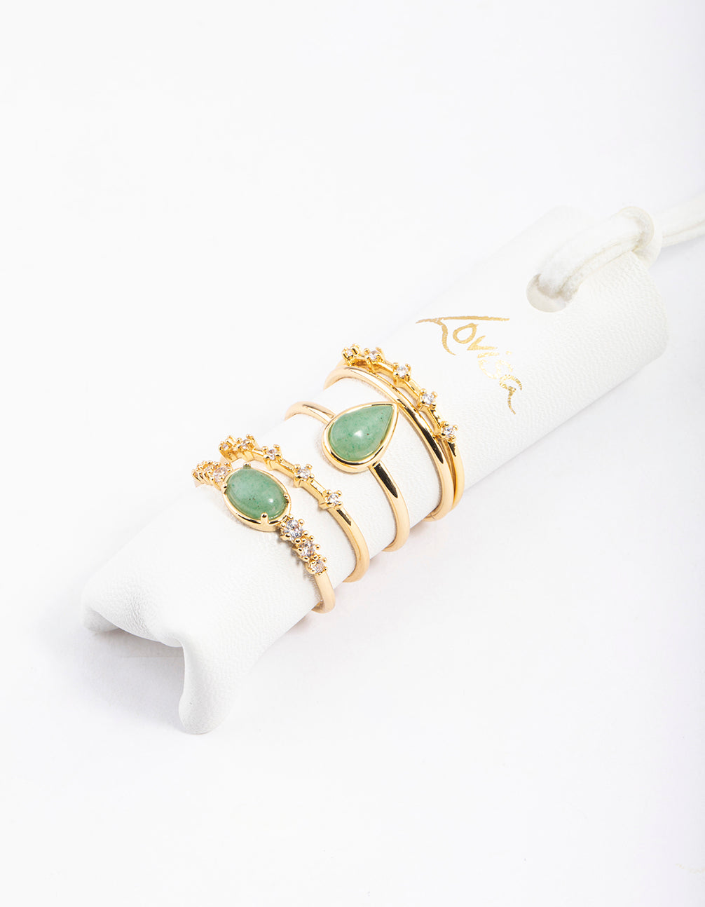 Gold Plated Green Aventurine Cubic Zirconia Dainty Ring Stack