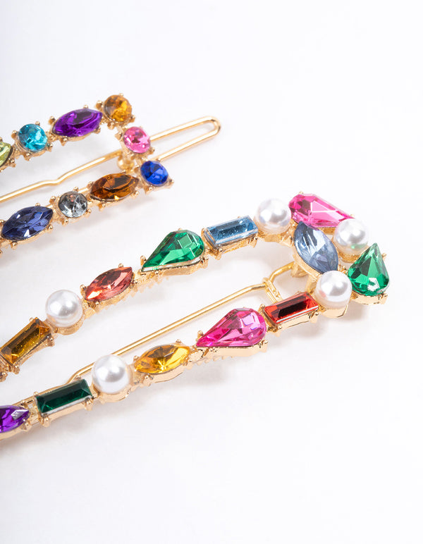 Gold Mixed Stone Pearl Hair Clip Pack