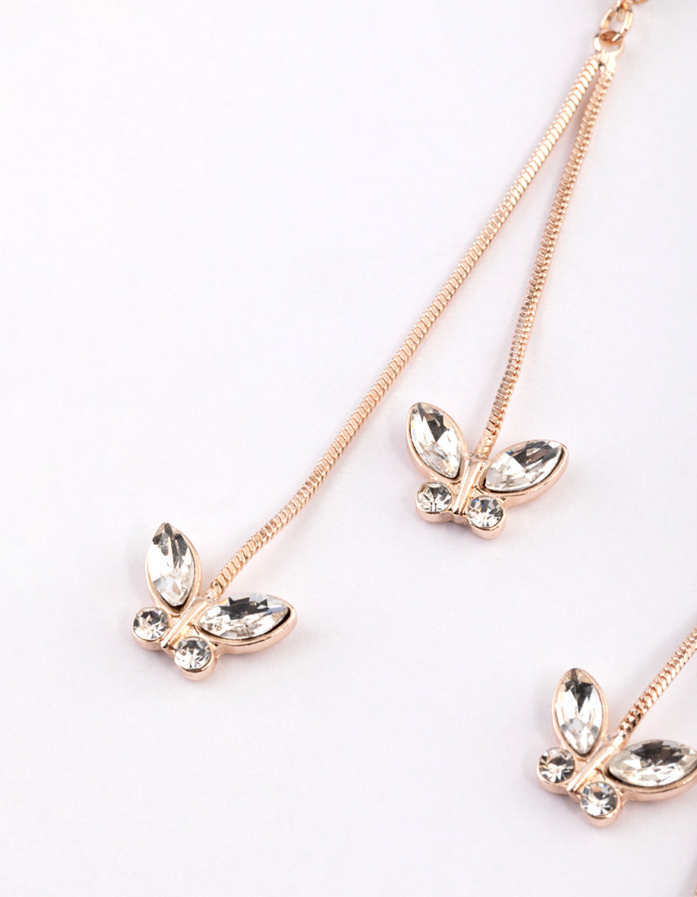 Rose Gold Diamante Butterfly Long Drop Earrings