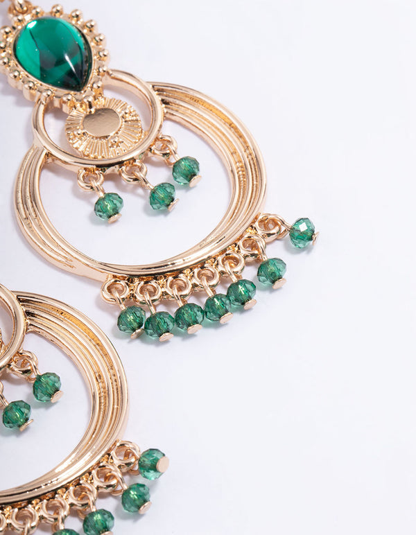 Gold Statement Green Diamante Chandelier Drop Earrings