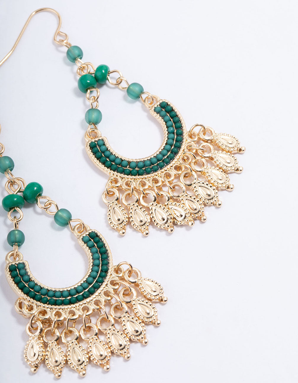 Gold & Green Bead Tassel Crescent Drop Earrings