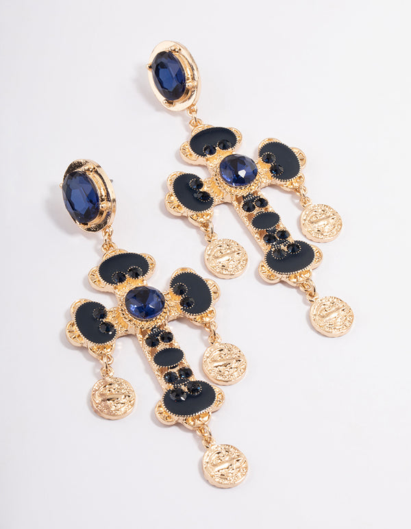 Gold Cross Coin Statement Drop Earrings