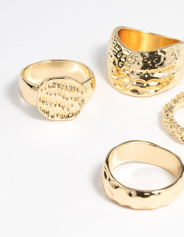Gold Brass Hammered Molten Ring 4-Pack