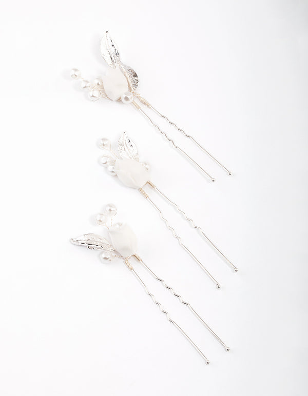 Silver Pearl Tulip Hair Pins Pack