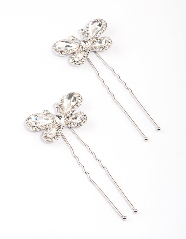 Silver Diamante Butterfly Hair Pins Pack