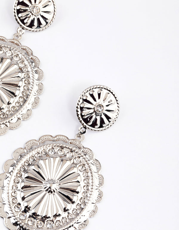 Silver Diamante Western Disc Drop Earrings