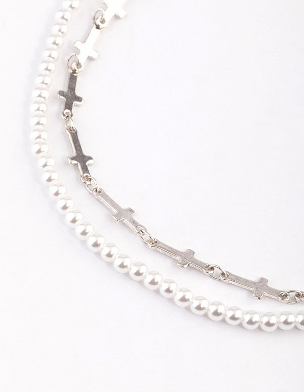 Silver Multi Cross Pearl Choker Pack