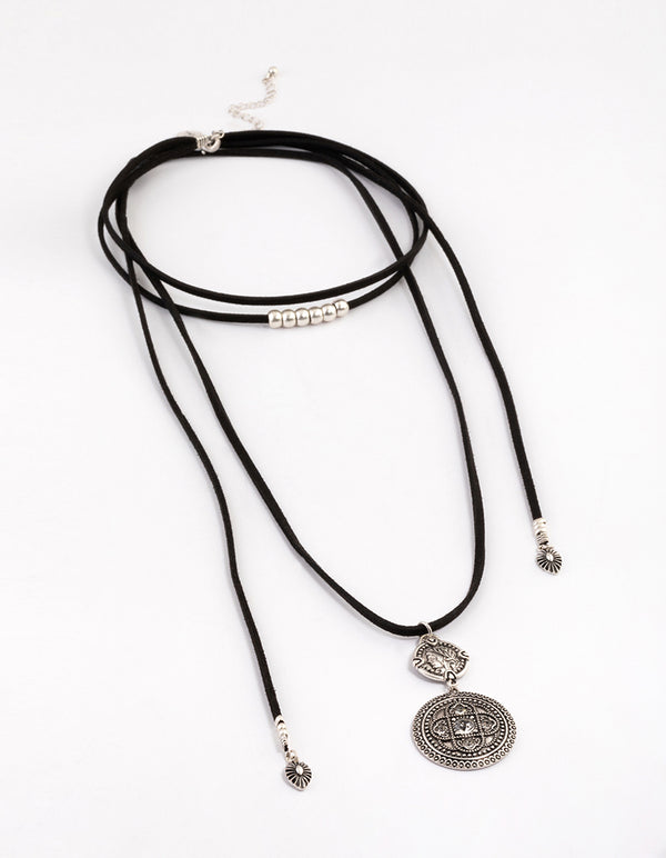 Antique Silver Multi Disc Suede Cord Layered Necklace