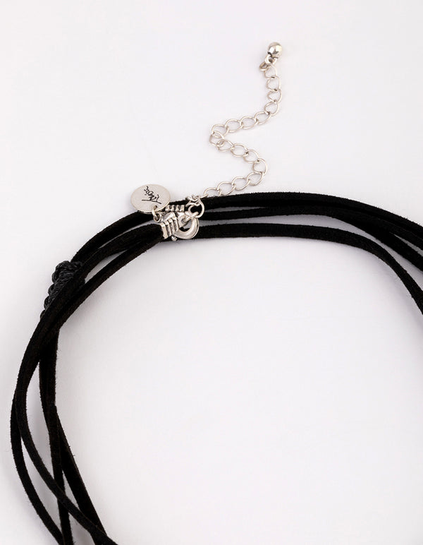 Antique Silver Multi Disc Suede Cord Layered Necklace