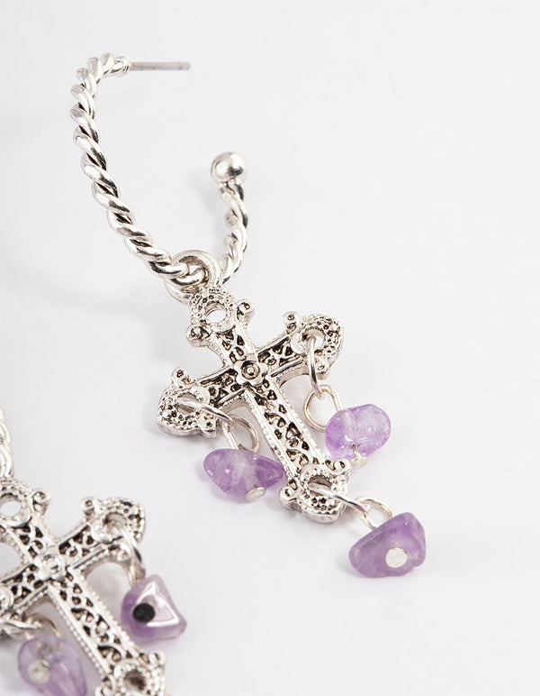 Antique Silver Amethyst Cross Earrings