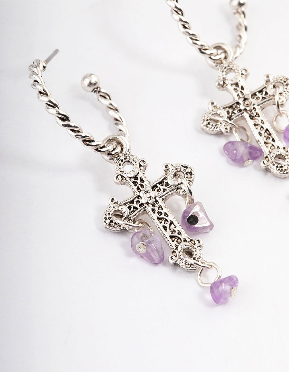 Antique Silver Amethyst Cross Earrings