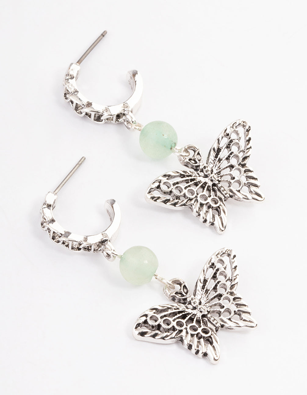 Antique Silver Aventurine Butterfly Hoop Earrings