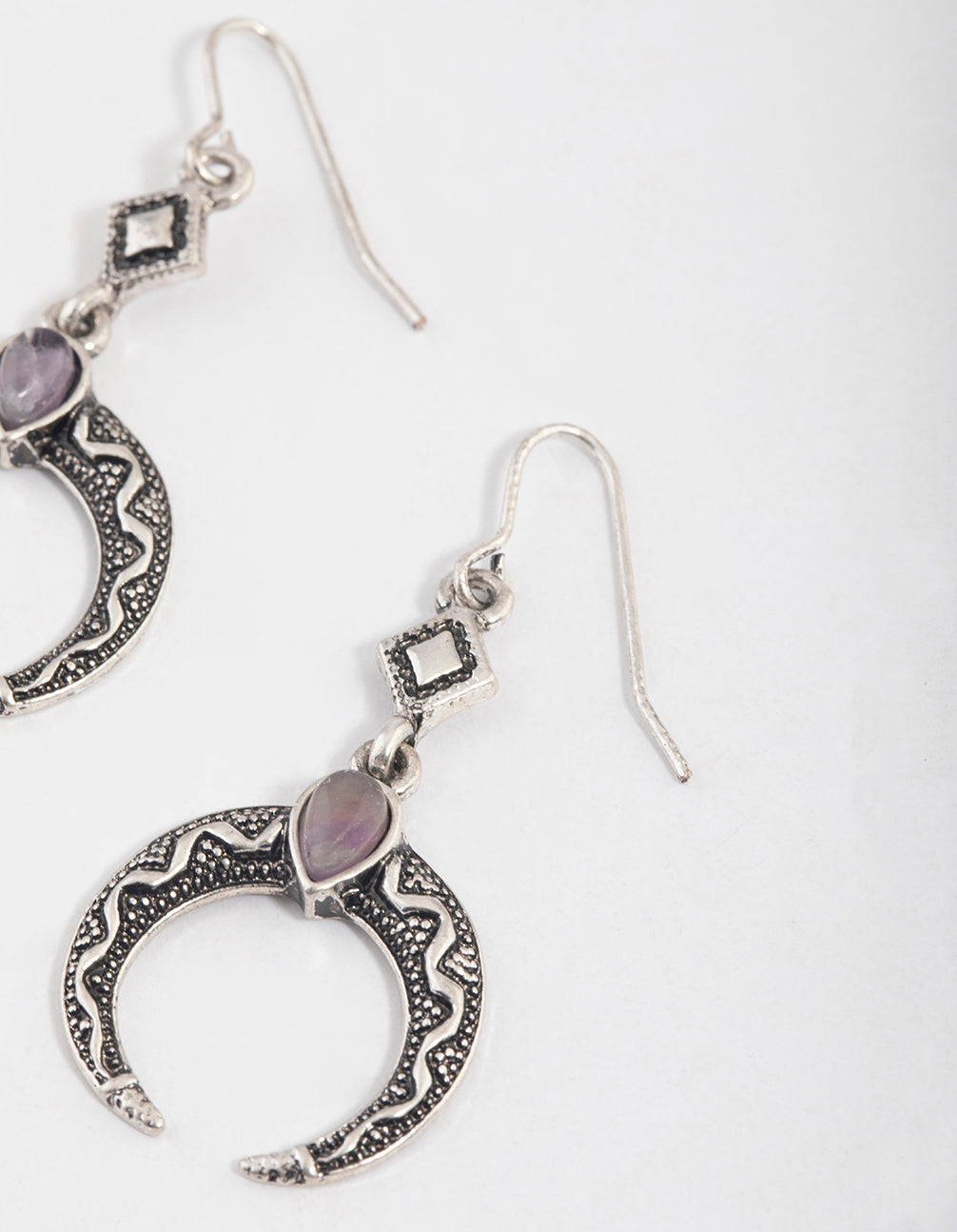 Antique Silver Amethyst Hook Crescent Earrings