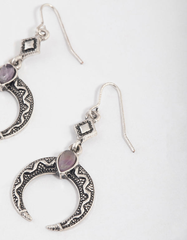 Antique Silver Amethyst Hook Crescent Earrings