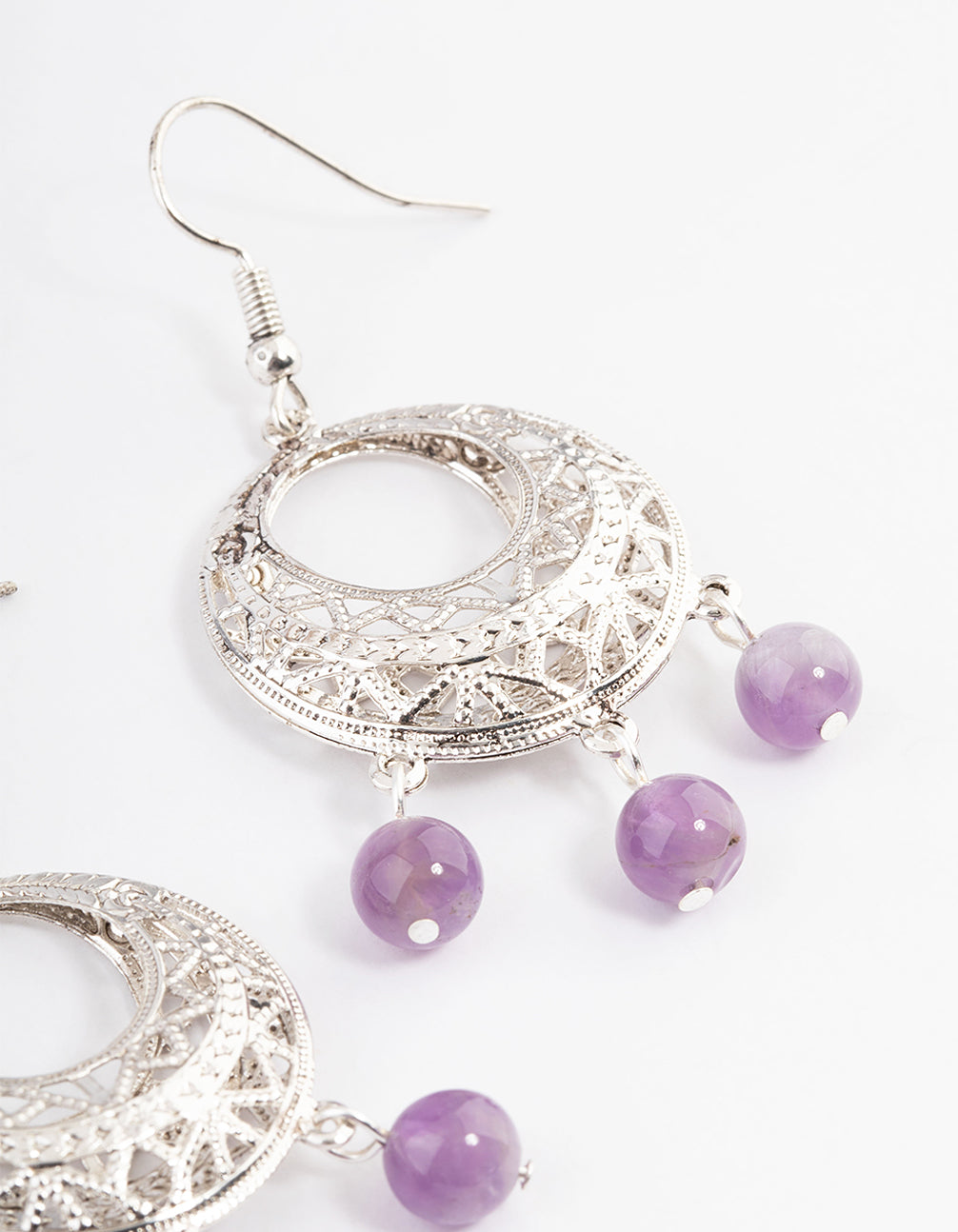Antique Silver Amethyst Open Detail Hook Earrings