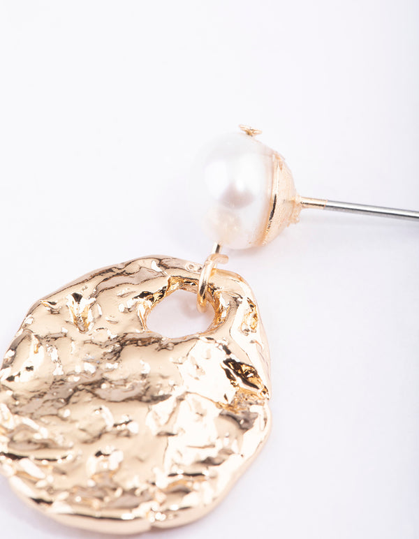 Gold Freshwater Pearl Textured Disc Earrings