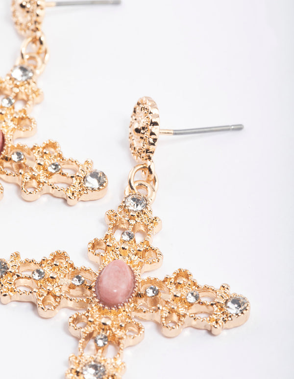 Gold Rhodonite Cross Detailed Earrings