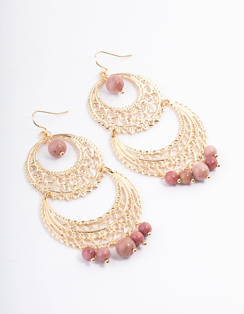 Gold Rhodonite Filigree Round Earrings