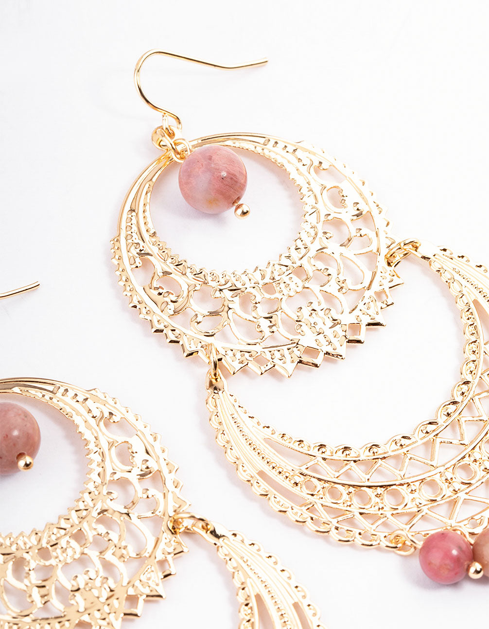 Gold Rhodonite Filigree Round Earrings