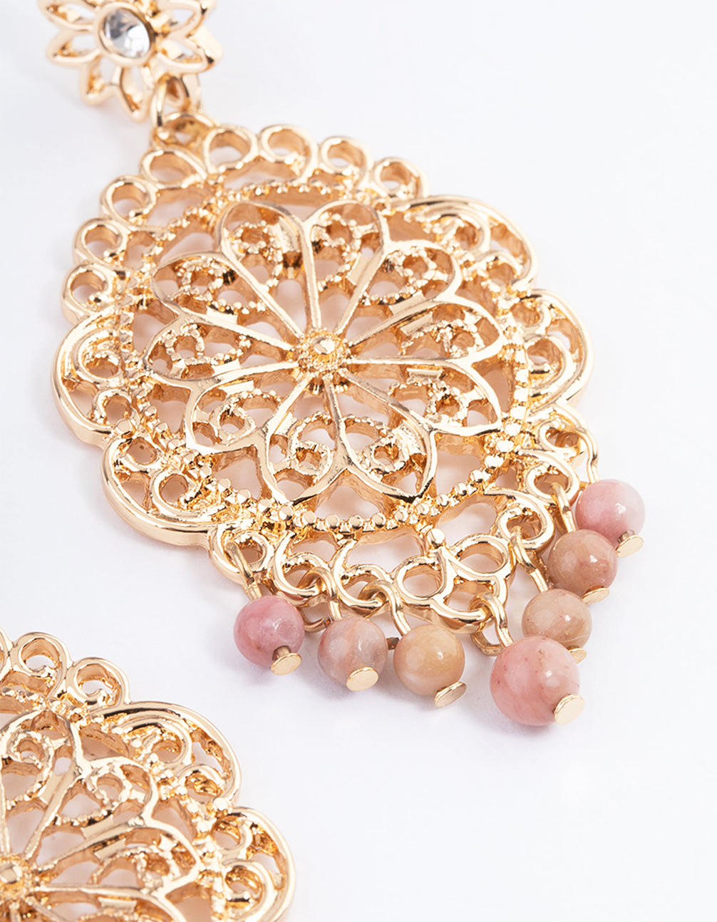 Gold Rhodonite Stamped Pendant Earrings