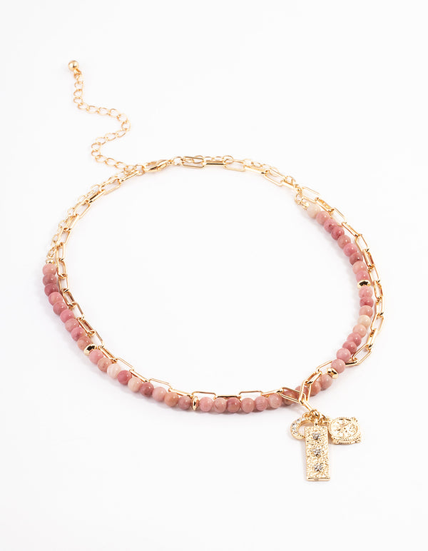 Gold Rhodonite Layered Charm Necklace