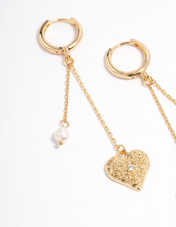 Gold Plated Freshwater Pearl Heart Huggie Earrings