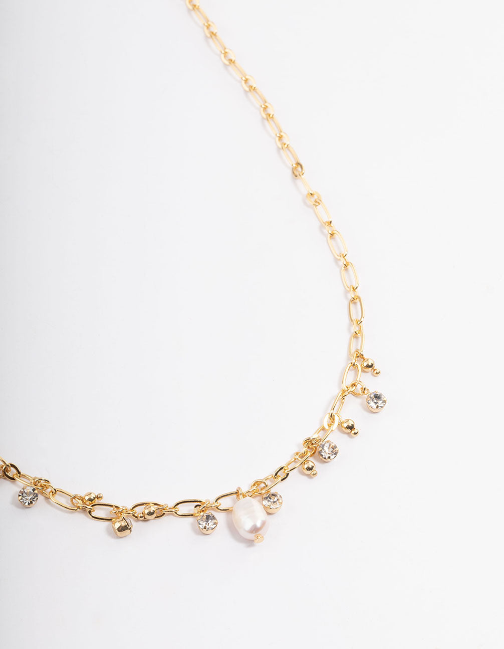 Gold Plated Freshwater Pearl Diamante Charm Chain Necklace