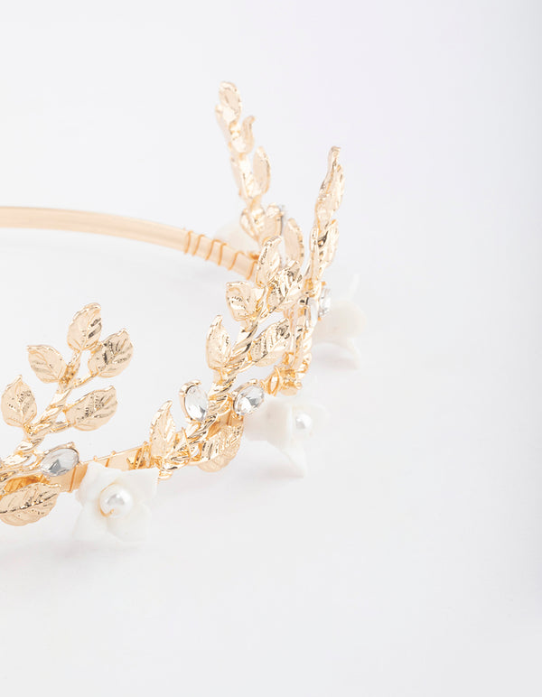 Gold Pearl Flower & Leaf Headband