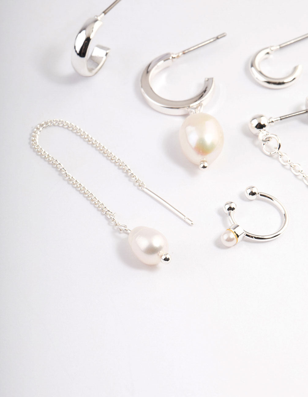 Silver Pearl Threader Stack Earrings