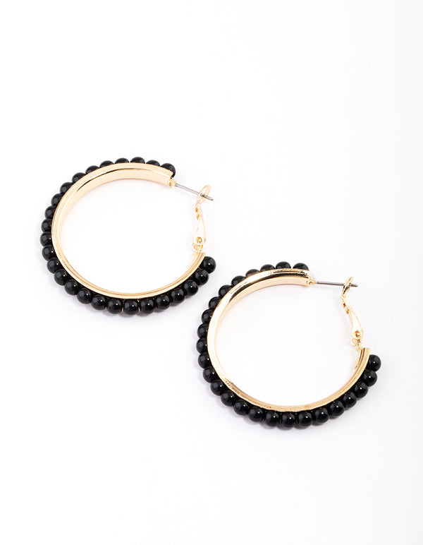 Black Medium Beaded Hoop Earrings