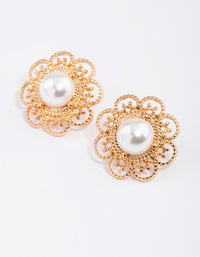 Gold Ornate Flower Pearl Stud Earrings - link has visual effect only