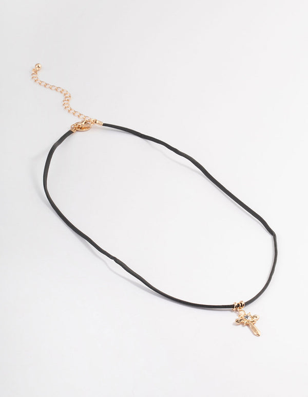 Gold Cord Diamante Cross Necklace