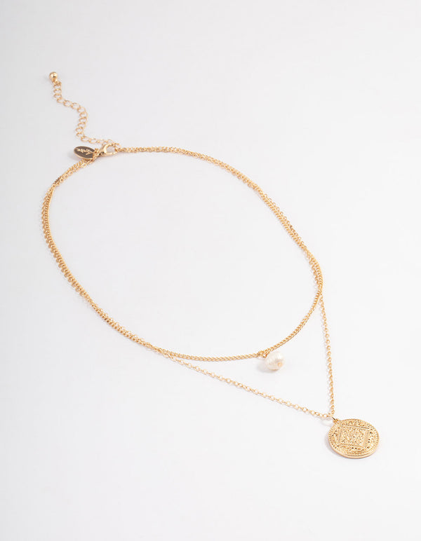 Gold Freshwater Pearl & Ornate Disc Necklace