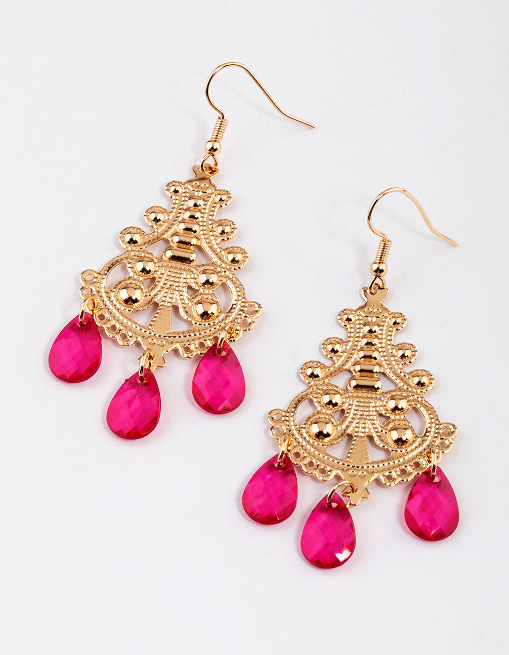 Gold Filigree & Pink Triple Bead Drop Earrings