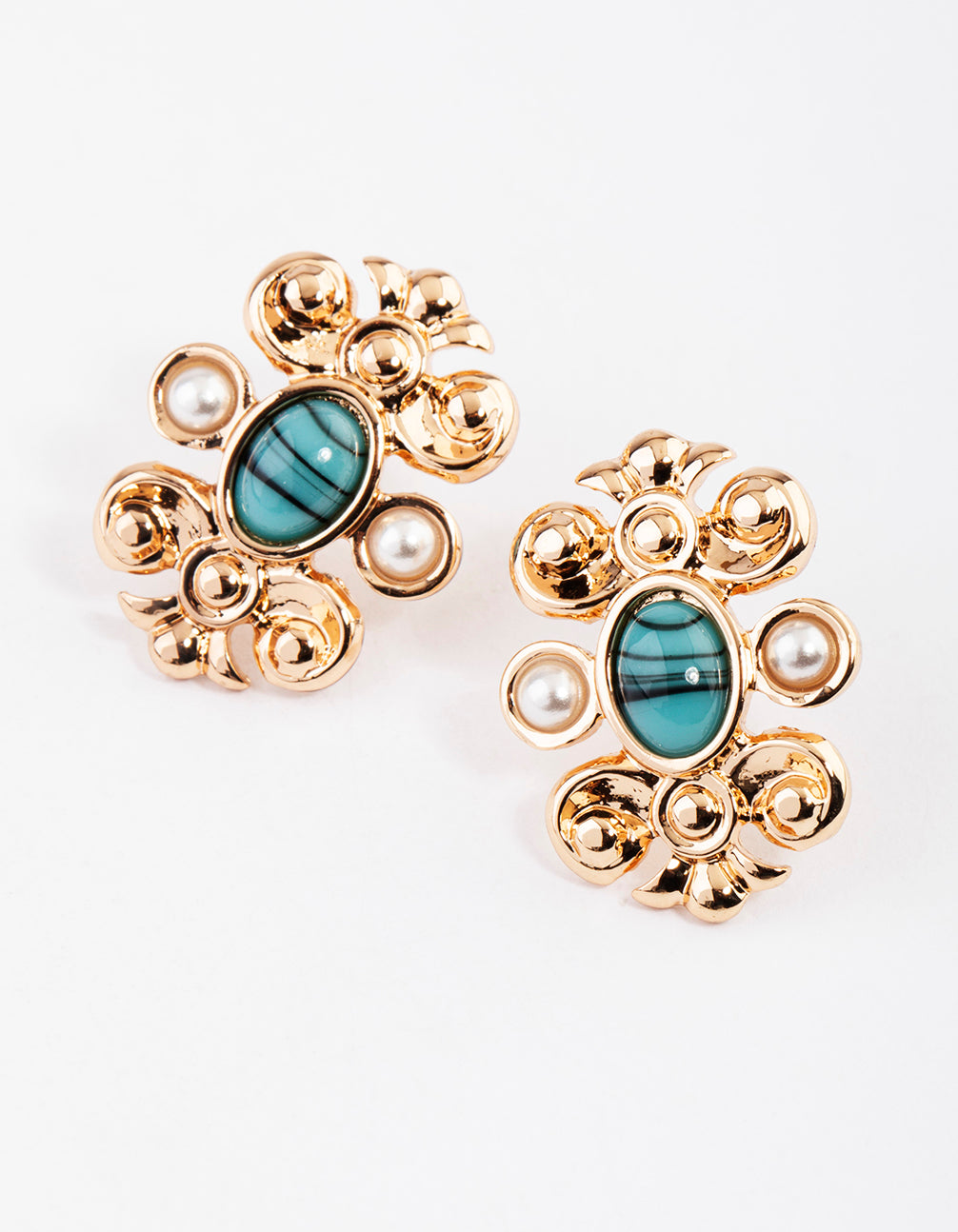 Turquoise Ornate Pearl & Stone Stud Earrings