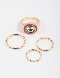 Gold Enamel Diamante Signet Ring 4-Pack - link has visual effect only