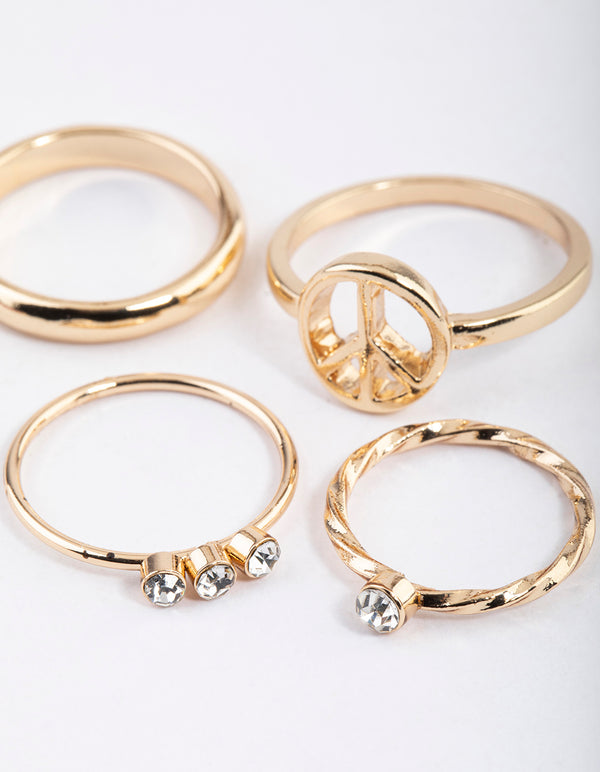 Gold Diamante & Peace Ring 4-Pack