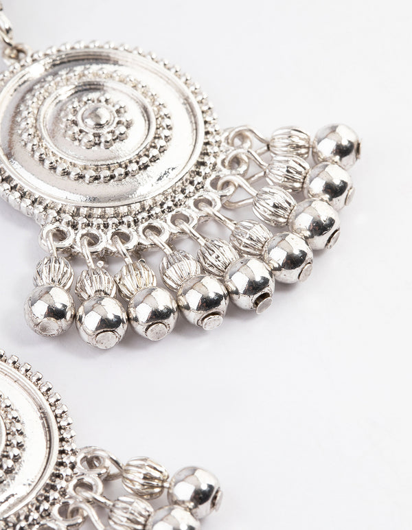 Antique Silver Disc Tassel Earrings