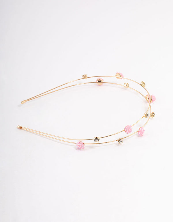 Kids Gold Diamante Flower Double Row Headband