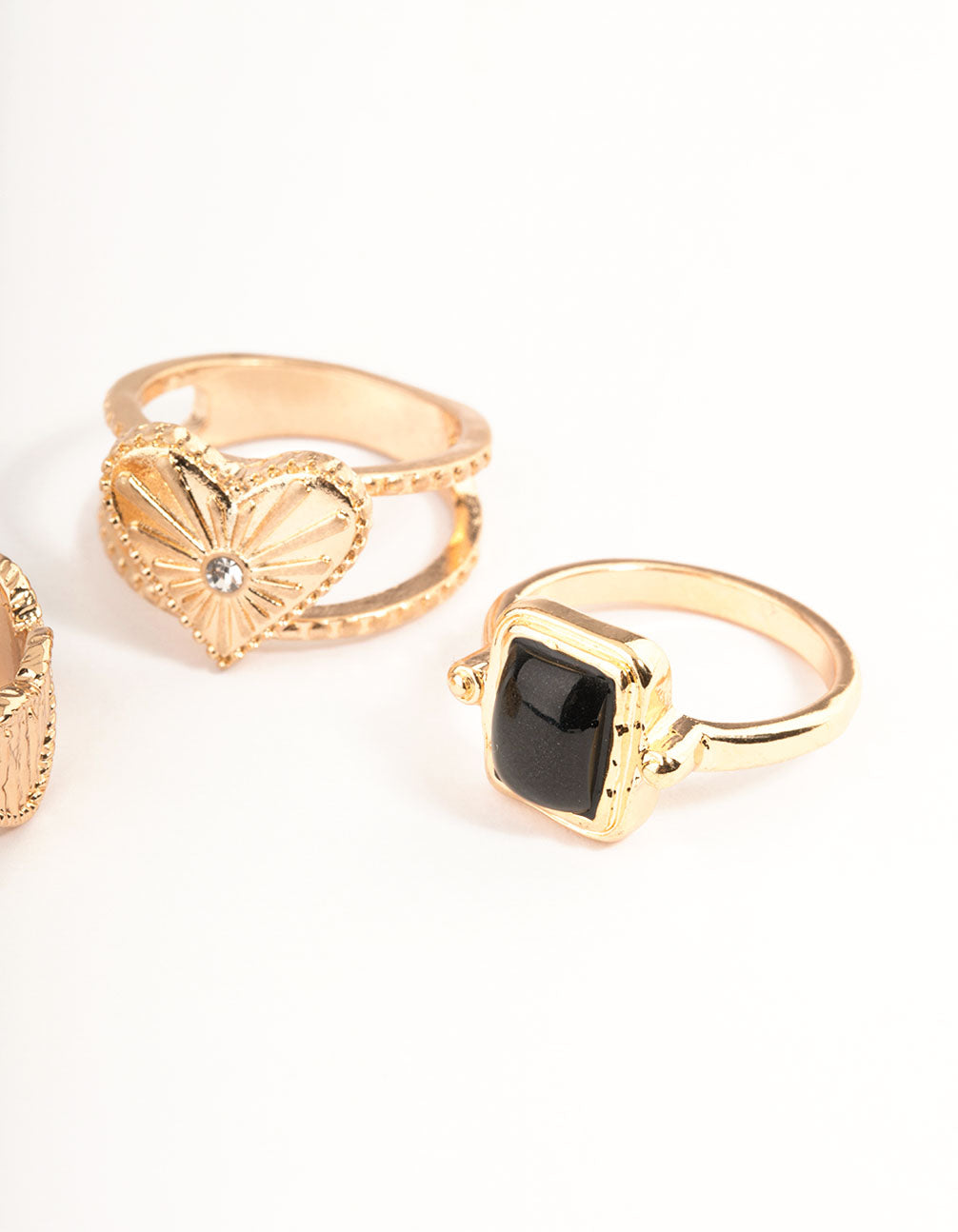 Gold Jet Black Etched Heart Ring Set