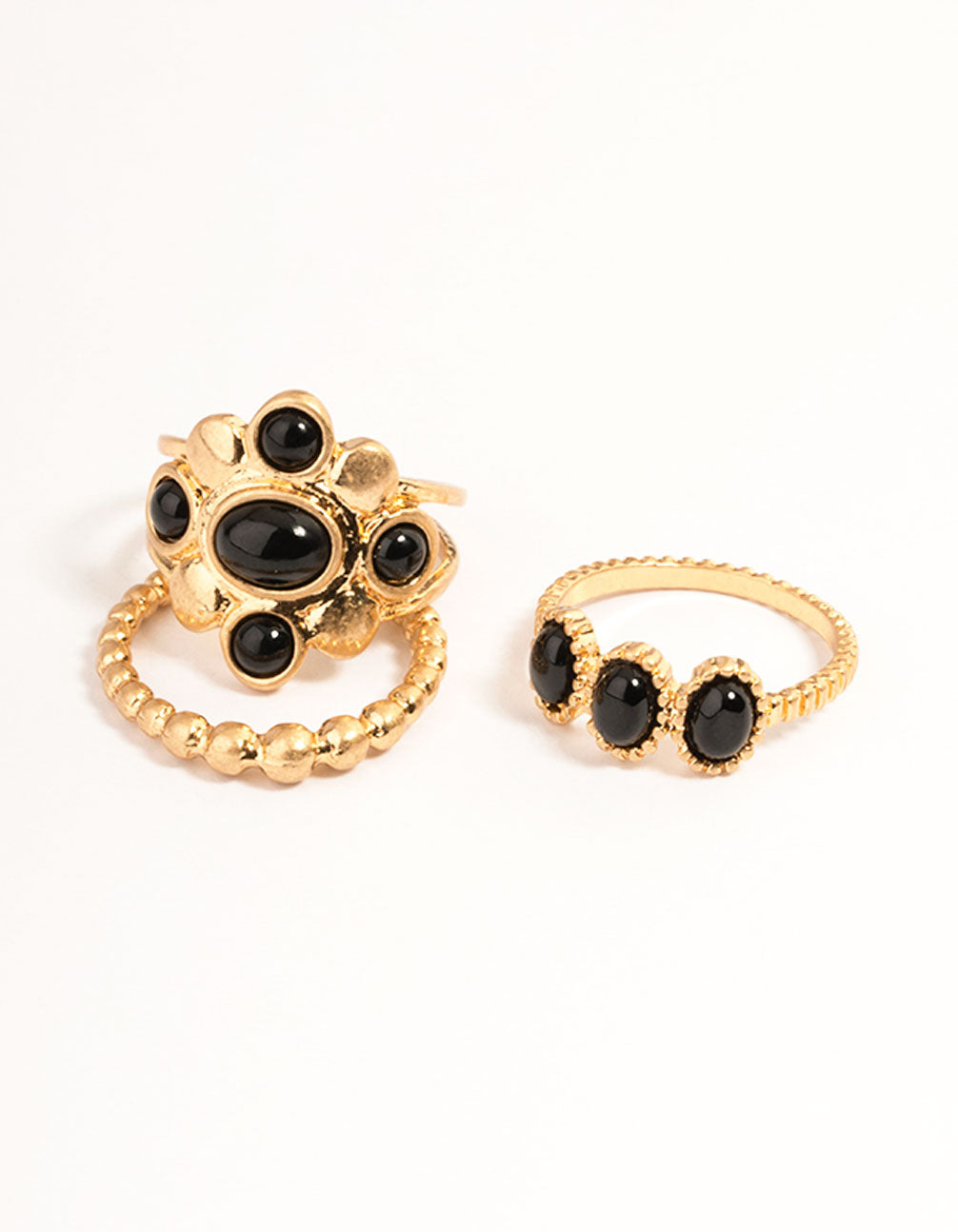 Gold Jet Black Beaded Ring Set