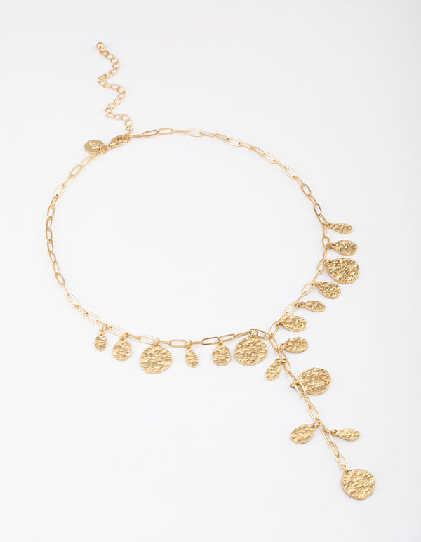 Gold Textured Disc Y-Necklace