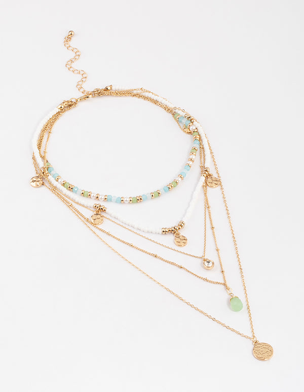 Gold Five Row Mixed Diamante Disc Necklace