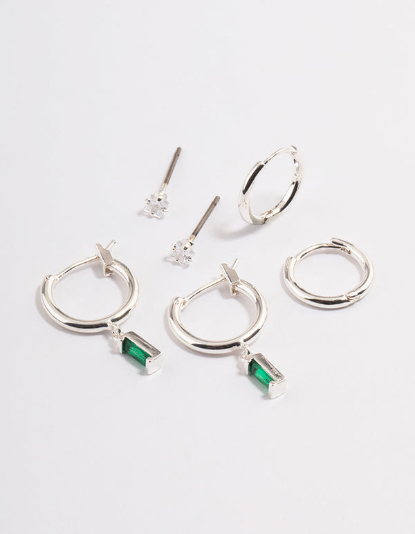 Silver Plated Cubic Zirconia Emerald Cut Huggie Earrings 6-Pack